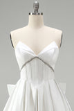 White Corset Satin Rhinestone A-Line Strapless Homecoming Dress with Back Giant Bow