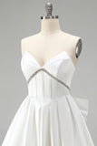 White Corset Satin Rhinestone A-Line Strapless Homecoming Dress with Back Giant Bow