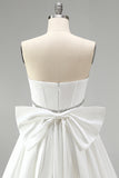White Corset Satin Rhinestone A-Line Strapless Homecoming Dress with Back Giant Bow