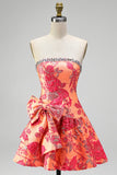 Orange Jacquard A-Line Strapless Rhinestone Ruffled Short Homecoming Dress with Bow