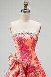 Orange Jacquard A-Line Strapless Rhinestone Ruffled Short Homecoming Dress with Bow