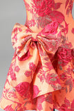 Orange Jacquard A-Line Strapless Rhinestone Ruffled Short Homecoming Dress with Bow