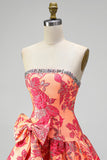 Orange Jacquard A-Line Strapless Rhinestone Ruffled Short Homecoming Dress with Bow