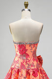 Orange Jacquard A-Line Strapless Rhinestone Ruffled Short Homecoming Dress with Bow