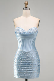 Grey Blue Strapless Bodycon Corset Beaded Pearls Short Homecoming Dress