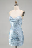 Grey Blue Strapless Bodycon Corset Beaded Pearls Short Homecoming Dress