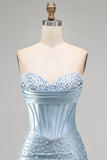 Grey Blue Strapless Bodycon Corset Beaded Pearls Short Homecoming Dress
