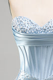 Grey Blue Strapless Bodycon Corset Beaded Pearls Short Homecoming Dress