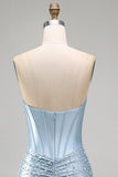 Grey Blue Strapless Bodycon Corset Beaded Pearls Short Homecoming Dress
