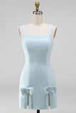 Light Blue Square Neck Bodycon Rhinestone Bows Beaded Short Homecoming Dress with Slit