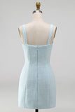 Light Blue Square Neck Bodycon Rhinestone Bows Beaded Short Homecoming Dress with Slit