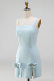 Light Blue Square Neck Bodycon Rhinestone Bows Beaded Short Homecoming Dress with Slit