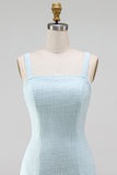 Light Blue Square Neck Bodycon Rhinestone Bows Beaded Short Homecoming Dress with Slit