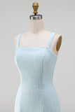 Light Blue Square Neck Bodycon Rhinestone Bows Beaded Short Homecoming Dress with Slit