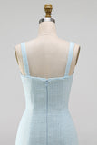 Light Blue Square Neck Bodycon Rhinestone Bows Beaded Short Homecoming Dress with Slit