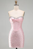 Sparkly Pink Beaded Corset Tight Sweetheart Short Pearl Homecoming Dress with Rhinestone