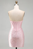 Sparkly Pink Beaded Corset Tight Sweetheart Short Pearl Homecoming Dress with Rhinestone