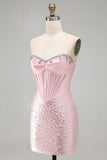 Sparkly Pink Beaded Corset Tight Sweetheart Short Pearl Homecoming Dress with Rhinestone