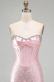 Sparkly Pink Beaded Corset Tight Sweetheart Short Pearl Homecoming Dress with Rhinestone