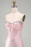 Sparkly Pink Beaded Corset Tight Sweetheart Short Pearl Homecoming Dress with Rhinestone