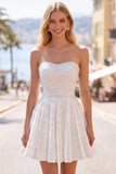 White Strapless A Line Beaded Mini Pearl Homecoming Dress with Ruffles