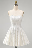 White Strapless A Line Beaded Mini Pearl Homecoming Dress with Ruffles