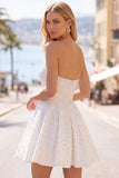 White Strapless A Line Beaded Mini Pearl Homecoming Dress with Ruffles