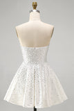 White Strapless A Line Beaded Mini Pearl Homecoming Dress with Ruffles