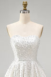 White Strapless A Line Beaded Mini Pearl Homecoming Dress with Ruffles