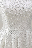 White Strapless A Line Beaded Mini Pearl Homecoming Dress with Ruffles