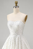 White Strapless A Line Beaded Mini Pearl Homecoming Dress with Ruffles