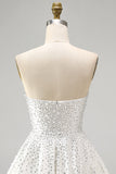 White Strapless A Line Beaded Mini Pearl Homecoming Dress with Ruffles