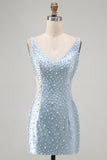 Blue Bodycon V Neck Corset Cut Out Beaded Short Pearl Homecoming Dress