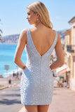 Blue Bodycon V Neck Corset Cut Out Beaded Short Pearl Homecoming Dress
