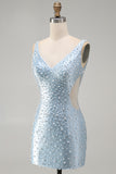 Blue Bodycon V Neck Corset Cut Out Beaded Short Pearl Homecoming Dress