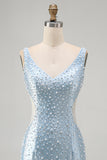 Blue Bodycon V Neck Corset Cut Out Beaded Short Pearl Homecoming Dress