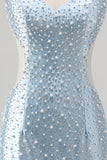 Blue Bodycon V Neck Corset Cut Out Beaded Short Pearl Homecoming Dress