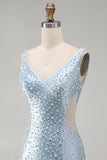 Blue Bodycon V Neck Corset Cut Out Beaded Short Pearl Homecoming Dress