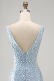 Blue Bodycon V Neck Corset Cut Out Beaded Short Pearl Homecoming Dress