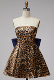 Brown Leopard Print A-Line Strapless Short Homecoming Dress with Oversized Back Bow