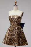 Brown Leopard Print A-Line Strapless Short Homecoming Dress with Oversized Back Bow