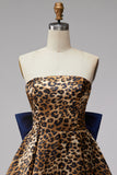 Brown Leopard Print A-Line Strapless Short Homecoming Dress with Oversized Back Bow