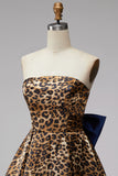 Brown Leopard Print A-Line Strapless Short Homecoming Dress with Oversized Back Bow