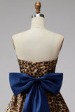 Brown Leopard Print A-Line Strapless Short Homecoming Dress with Oversized Back Bow