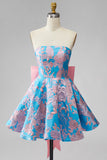 Blue Jacquard A-Line Strapless Short Homecoming Dress with Bow