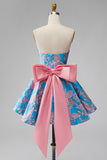 Blue Jacquard A-Line Strapless Short Homecoming Dress with Bow