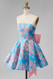 Blue Jacquard A-Line Strapless Short Homecoming Dress with Bow
