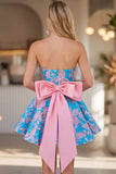 Blue Jacquard A-Line Strapless Short Homecoming Dress with Bow