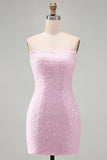 Sparkly Pink Strapless Bodycon Sequins Short Homecoming Dress
