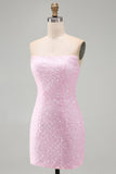 Sparkly Pink Strapless Bodycon Sequins Short Homecoming Dress